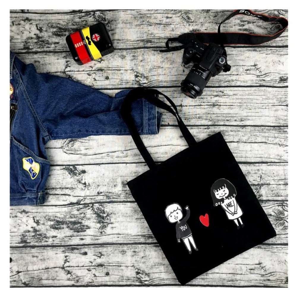 You‎ and Me Black Canvas Graphic Art Zippered Tote